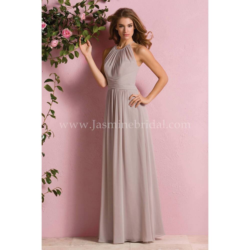 NEW JADE COUTURE b2 poly chiffon halter gown in taupe
